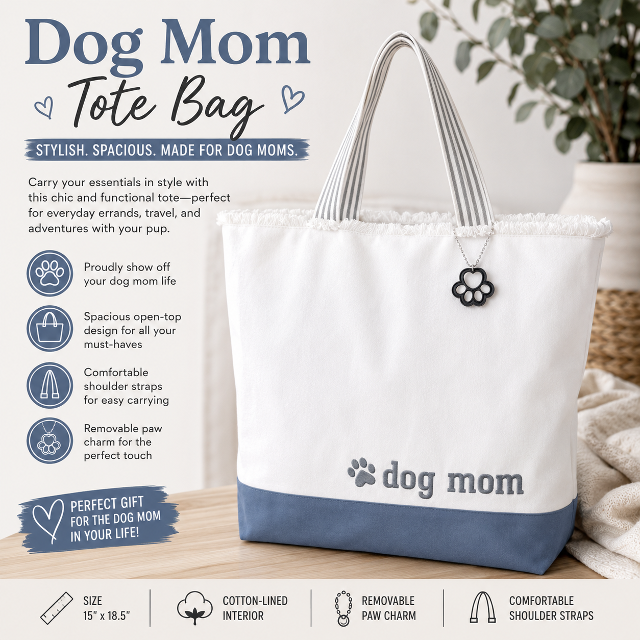 Dog Mom Tote Bag with Paw Charm